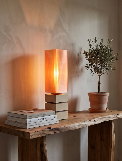 Lampe totem allumée à l'entrée sur une table en bois avec des décorations