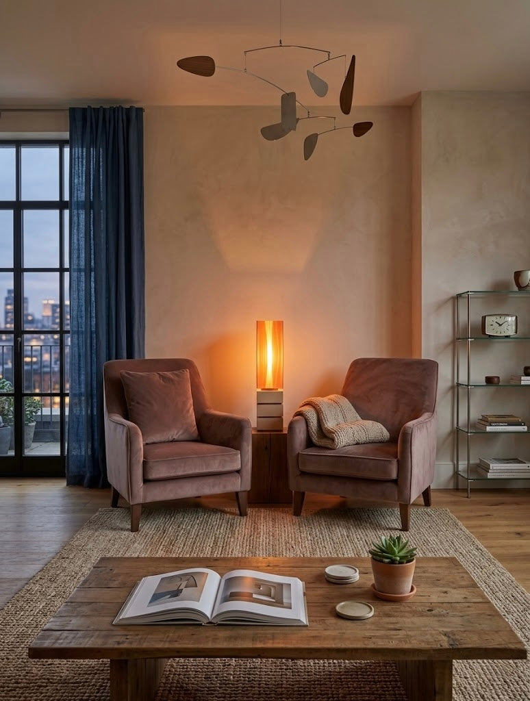 lampe totem allumée sur une table basse avec deux sofas pris de face sur le canapé